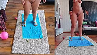 Curvy Milf Spreading Asshole During Naked Yoga Workout in Dual Cam