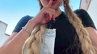 cute blonde rubs her clit and squirts in stepdad's garden