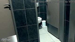 Cute babe give blowjob in public toilet after perfect handjob under the table in fast food restaurant