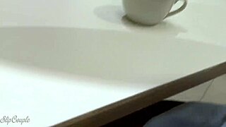 Cute babe give blowjob in public toilet after perfect handjob under the table in fast food restaurant