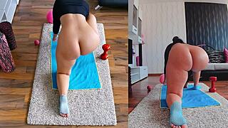 Curvy Milf Spreading Asshole During Naked Yoga Workout in Dual Cam