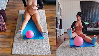 Curvy Milf Spreading Asshole During Naked Yoga Workout in Dual Cam