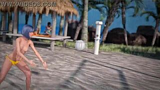 Beauty and the thug play with a beach ball topless