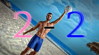 Beauty and the thug play with a beach ball topless