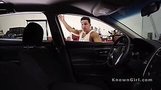 Ebony spinner girlfriend bangs ex's big black cock in car shop pov