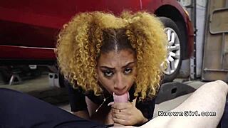 Ebony spinner girlfriend bangs ex's big black cock in car shop pov
