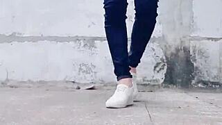 Ladyboy tingting gets horny in stockings and pees outdoors 😏