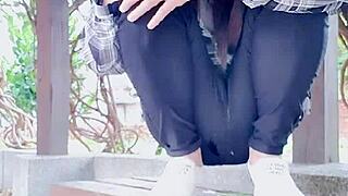 Ladyboy tingting gets horny in stockings and pees outdoors 😏