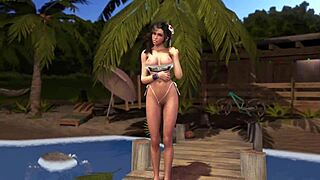 Sporty flirtly tifa teases you with lowered swimsuit on the summer beach