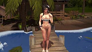 Sporty flirtly tifa teases you with lowered swimsuit on the summer beach