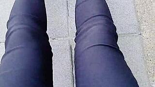 Ladyboy tingting gets horny in stockings and pees outdoors 😏