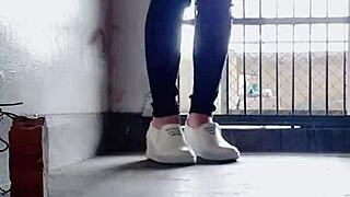 Ladyboy tingting gets horny in stockings and pees outdoors 😏