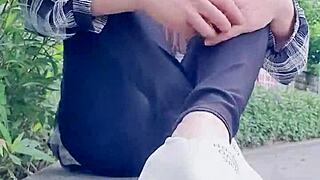 Ladyboy tingting gets horny in stockings and pees outdoors 😏