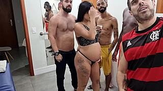 behind the scenes of six months pregnant joyce camargo fucking three guys while jr doidera plays cuckold husband with milk bath