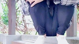 Ladyboy tingting gets horny in stockings and pees outdoors 😏