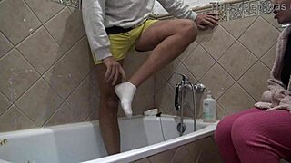 Taboo family stepmother watching how her stepson washing his dirty cock in front of her! It's taboo!