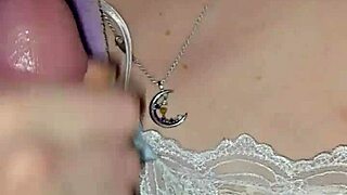 Milf jerks cock and licks every drop eagerly