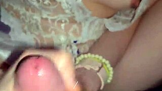 Milf jerks cock and licks every drop eagerly