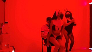 A scruffy man invites to exclusive catwalk sexy dance in erotic lingerie