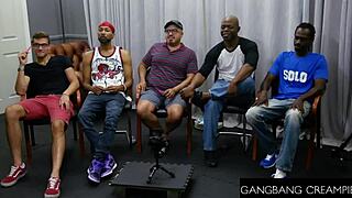 Brunette hottie dives into juicy gangbang and blowbang action