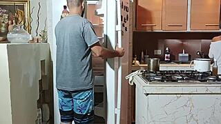 My step father leaves me taking care of his wife and i end up fucking her many times - porn in spanish, her big ass shaking in the kitchen