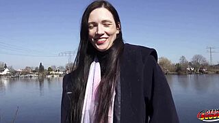 German scout encounters small-tits cougar Rina Helena for her first anal sex during a pickup casting.