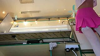 Super sexy slim eighteen-year-old chick works in pear thongs and braless