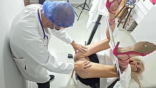 Stepmom visits gynecologist, gets fucked by doctor next to blindfolded stepdaughter.