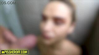 Petite latina teen 18+ pissed on pov while sucking big cock in the shower