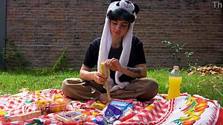 Lara's picnic turns into full vomit barf fetish movie. Outdoor teen solo.