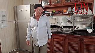 young housewife teases naked in kitchen morning chaos