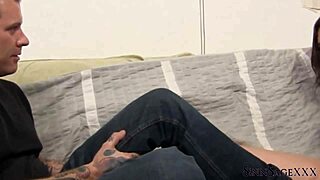 Sinn Sage uses her feet to jerk her boyfriend's cock.