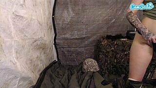 Blonde horny female solider fucks herself on cam