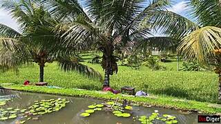 Walking in public cafe while eating pasta carbonara with white sauce on face