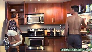 stepbrother fucks her petite 18+ teen stepsister in the kitchen