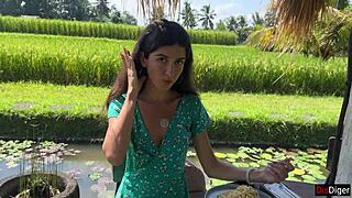 Walking in public cafe while eating pasta carbonara with white sauce on face