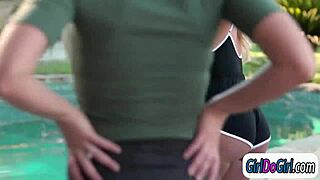 blonde wife cheats with hot poolgirl and facesits her in lesbian fun.