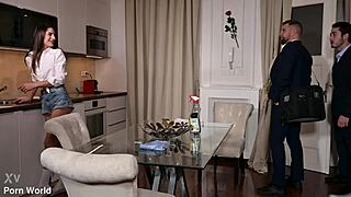 Cleaner Candie Luciani Seductively Tempts Businessmen Into Double Penetration Fucking