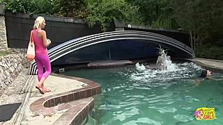 amazing outdoor pool sex with blonde and brunette babes 😘