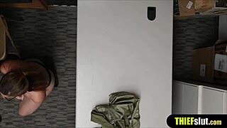 Geeky cute shoplifter endures rough cctv fucking