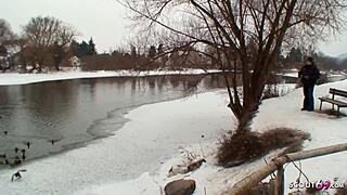 Old guy seduces curvy nylon teen 18+ to fuck outdoor in snow, evoking deep emotions