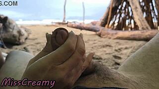 misscreamy handjobs my cock on the stormy beach. voyeur 4k.