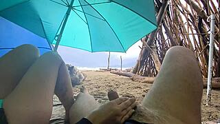misscreamy handjobs my cock on the stormy beach. voyeur 4k.