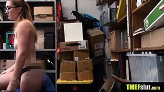 Geeky cute shoplifter endures rough cctv fucking