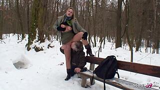 Old guy seduces curvy nylon teen 18+ to fuck outdoor in snow, evoking deep emotions