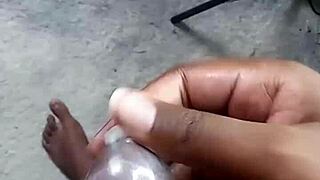 Hey, check out this safe sex masturbation with condom cumshot!