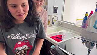 Two lesbians having silent sex in the kitchen