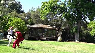 jade kush as chun li gets fucked by two big cocks in street fighter cosplay