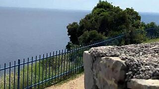 Public dick flashing girl helps cum in mountains