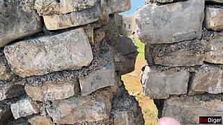 Public dick flashing girl helps cum in mountains